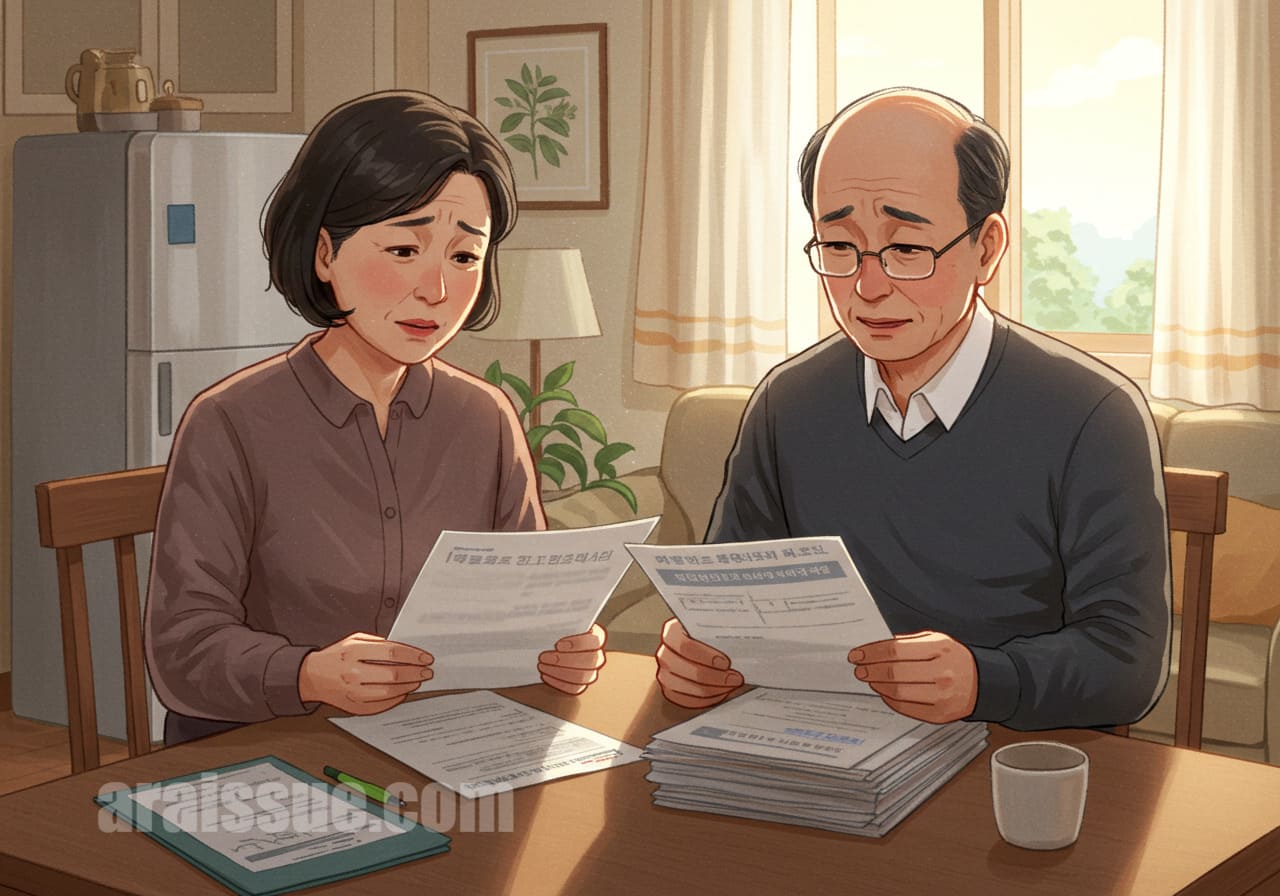50대 한국인 부부가 집에서 건강보험 혜택 문서를 검토하고 있는 장면으로, 기대와 걱정이 섞인 표정을 담은 세미 리얼 일러스트입니다.