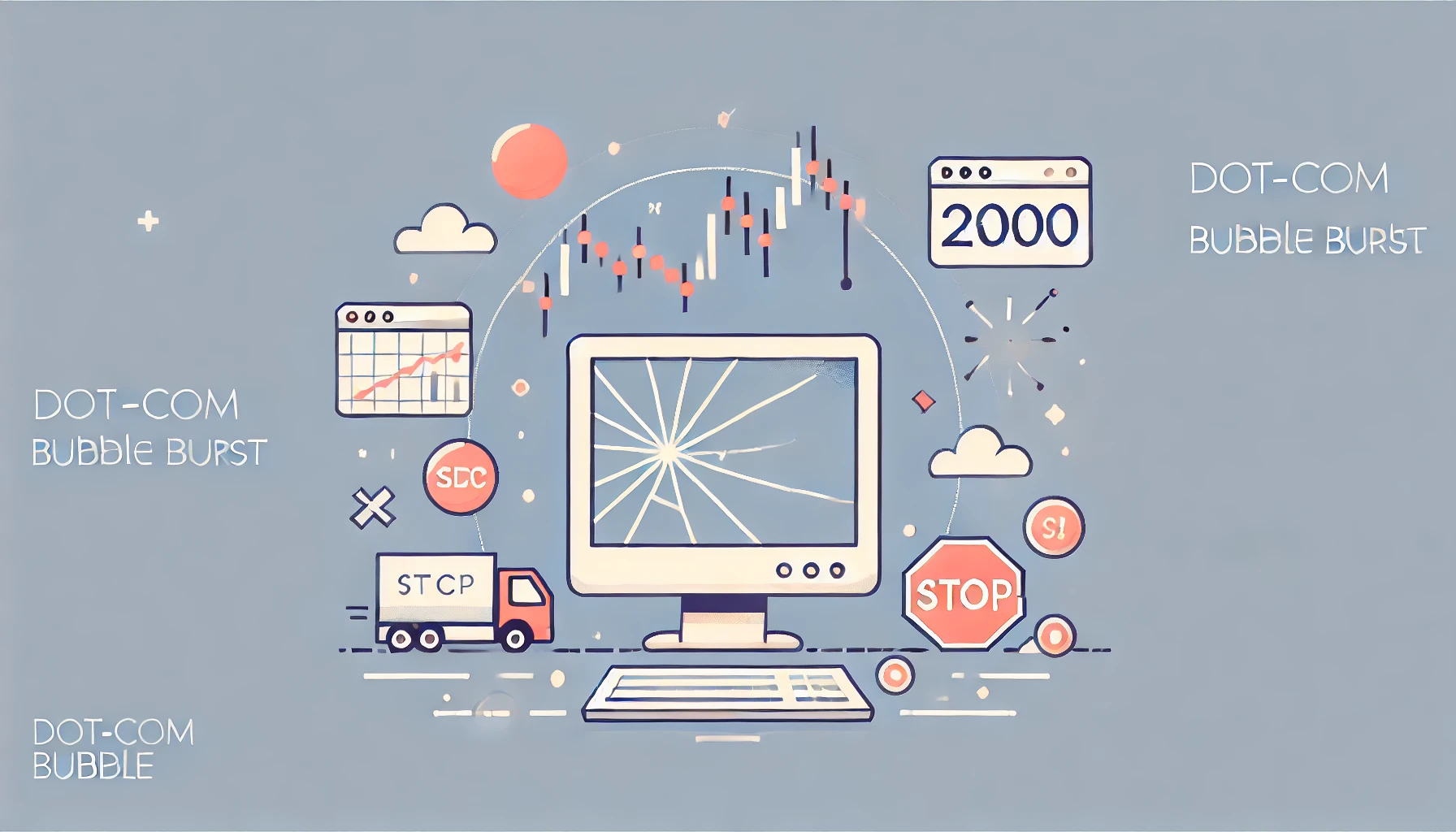 2000년 닷컴 버블 붕괴를 표현한 심플하고 깔끔한 이미지. 깨진 컴퓨터 모니터, 하락하는 주식 시장 그래프, 실패한 인터넷 스타트업을 상징하는 미니멀한 요소들을 사용해 IT 업계의 위기를 전달.