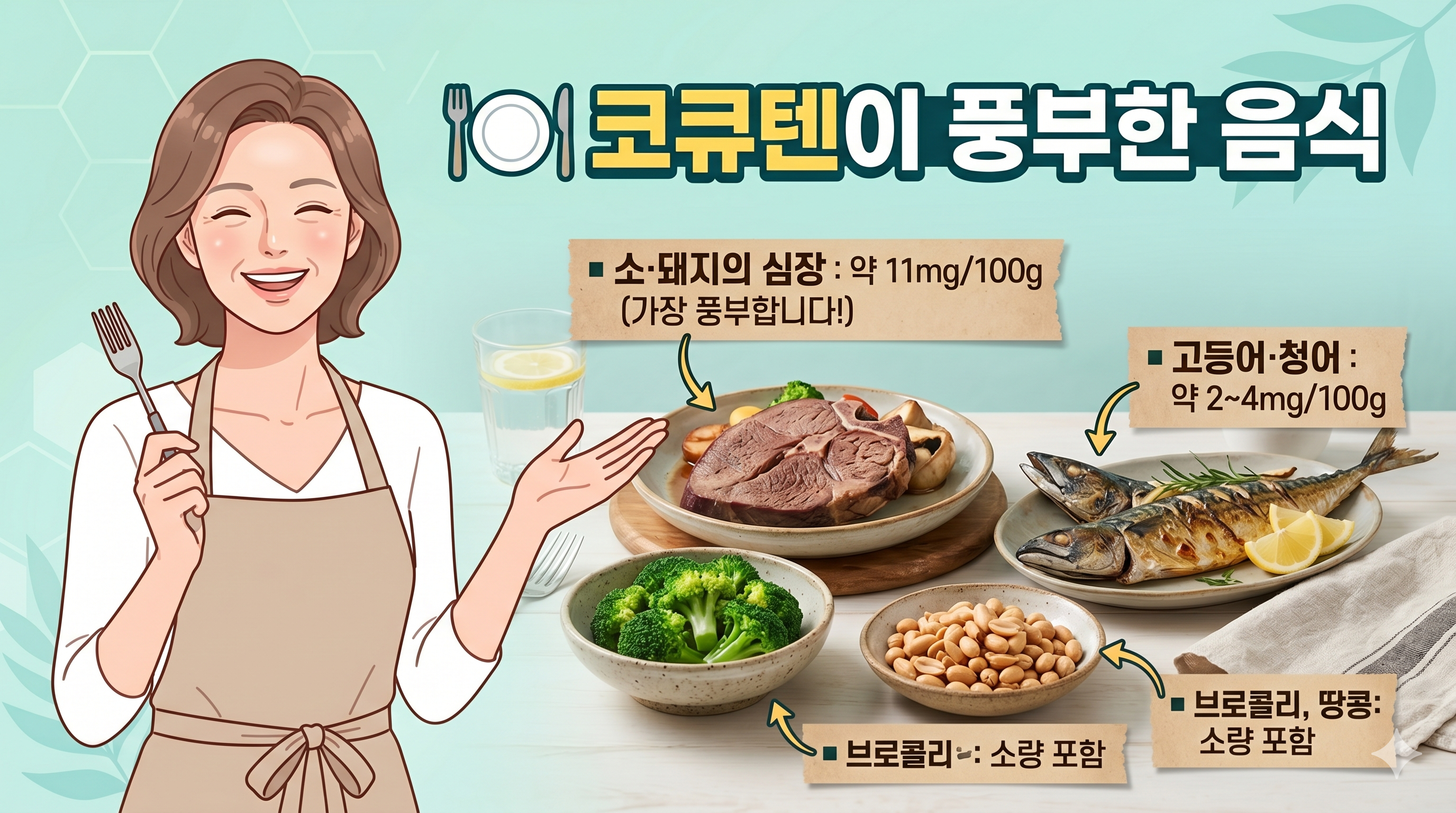 코큐텐이 풍부한 소돼지의 심장,고등어,청어 브로콜리 땅콩을 이미지로 중년여성이 설명하는 그림