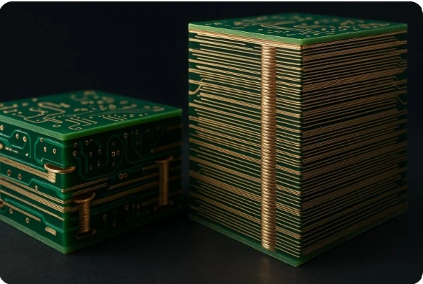 16층과 30~40층 고층 PCB 단면 구조를 비교한 매크로 이미지