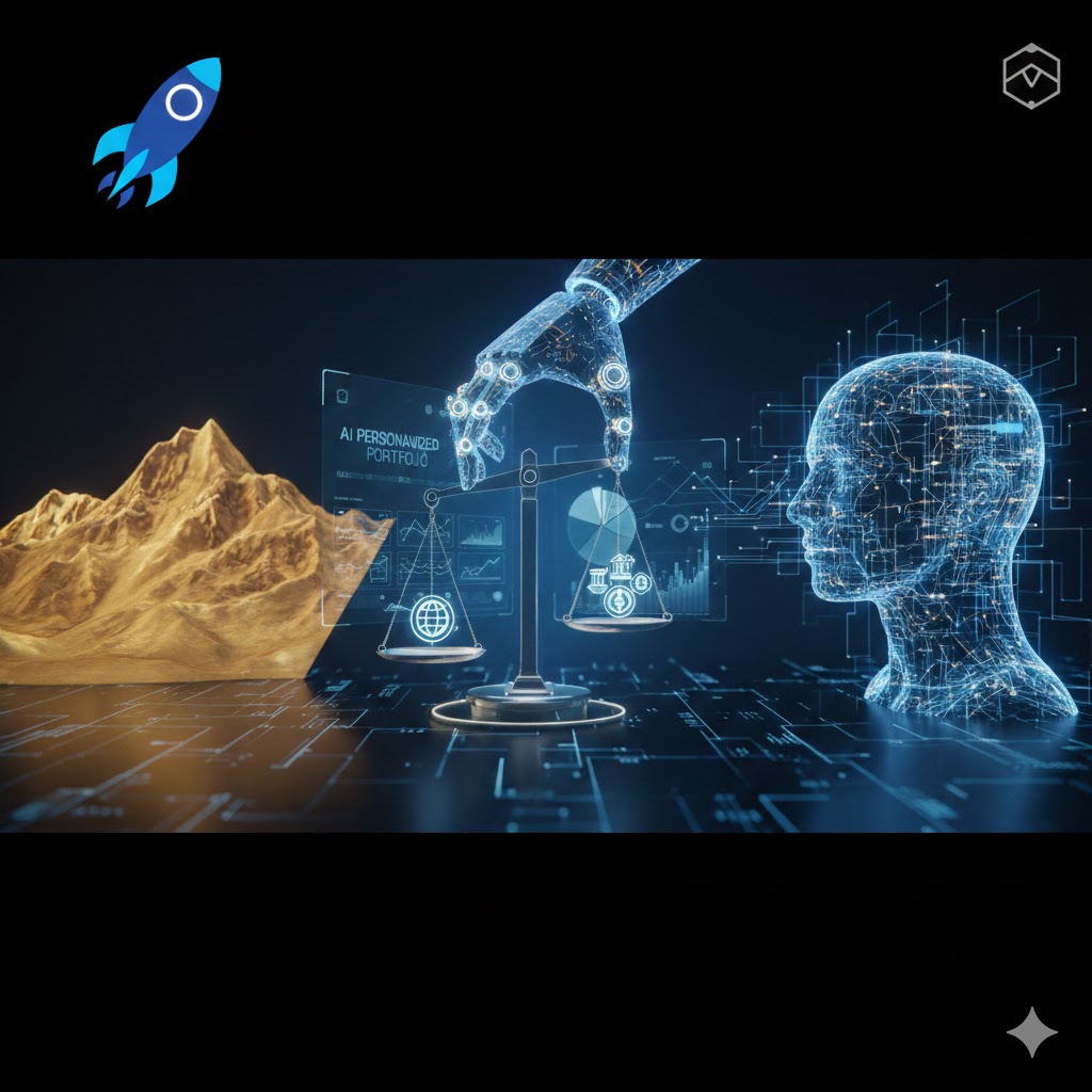 "AI 기술과 디지털 데이터망을 배경으로 자산의 균형을 맞추는 저울과 인간의 지능을 형상화한 홀로그램이 결합된 2026년 미래형 자산관리 이미지"