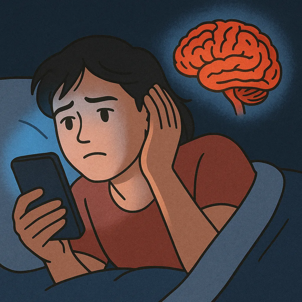 자기-전에-스마트폰을-보며-뇌-활성에-영향을-받는-청년을-묘사한-일러스트-이미지