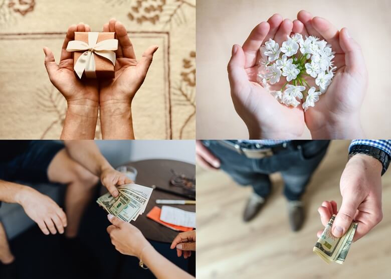 2022년도에 태어난 아이는 부모급여가 소급된다는 내용으로 상단좌측부터 양손을 붙인 상태에서 양손바닥위에 살색 리본으로 작은 박스모양의 선물을 들고 있는 모습과 양손바닥안에 하얀색 꽃이 담겨있는 모습이며 하단좌측부터 지폐 10장정도를 서로 주고받는 모습과 지폐를 4등분 접어서 왼손에 들고 누군가에게 줄것처럼 서있는 모습