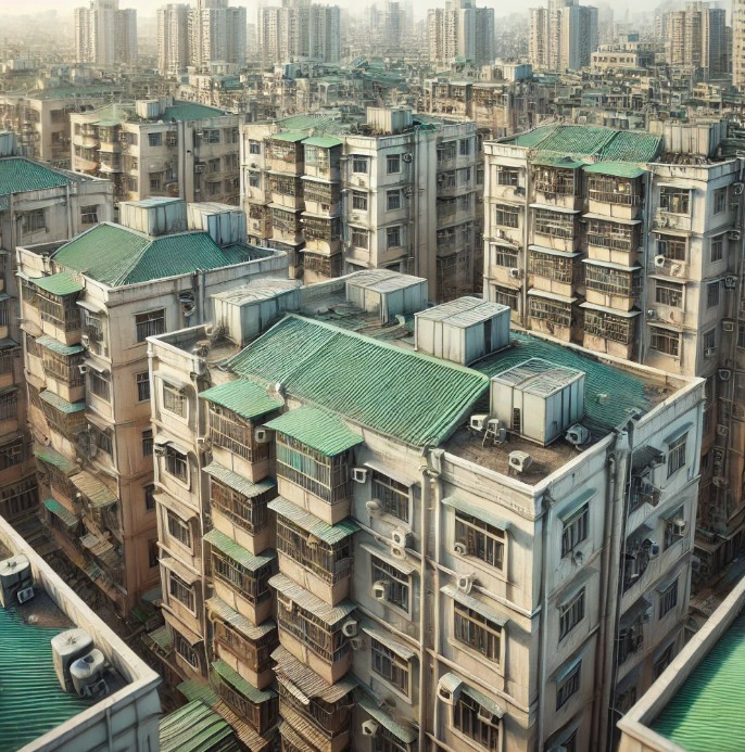 아주 낡고 밀집된 아파트 단지 그림