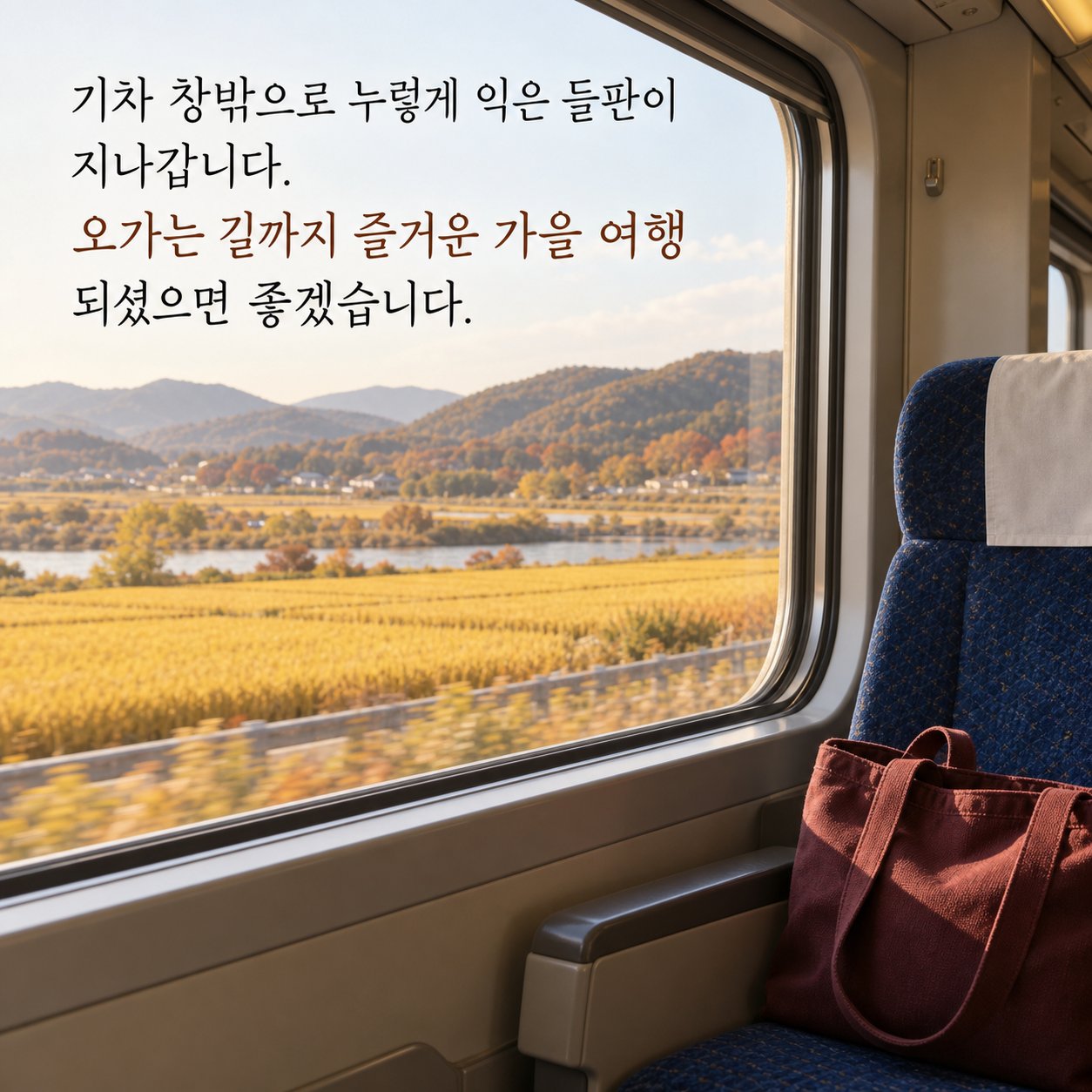 가을 풍경과 여행 인사 이미지 3 — 기차 창밖으로 누렇게 익은 들판이 지나갑니다. 오가는 길까지 즐거운 가을 여행 되셨으면 좋겠습니다.