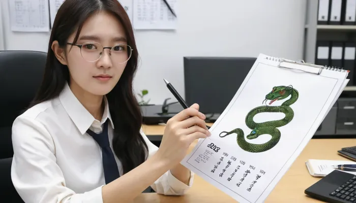 업무 틈틈이 2025년 재물운 관련 운세를 확인하고 있는 장면