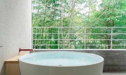 흰색 도자기 색깔의 노천탕