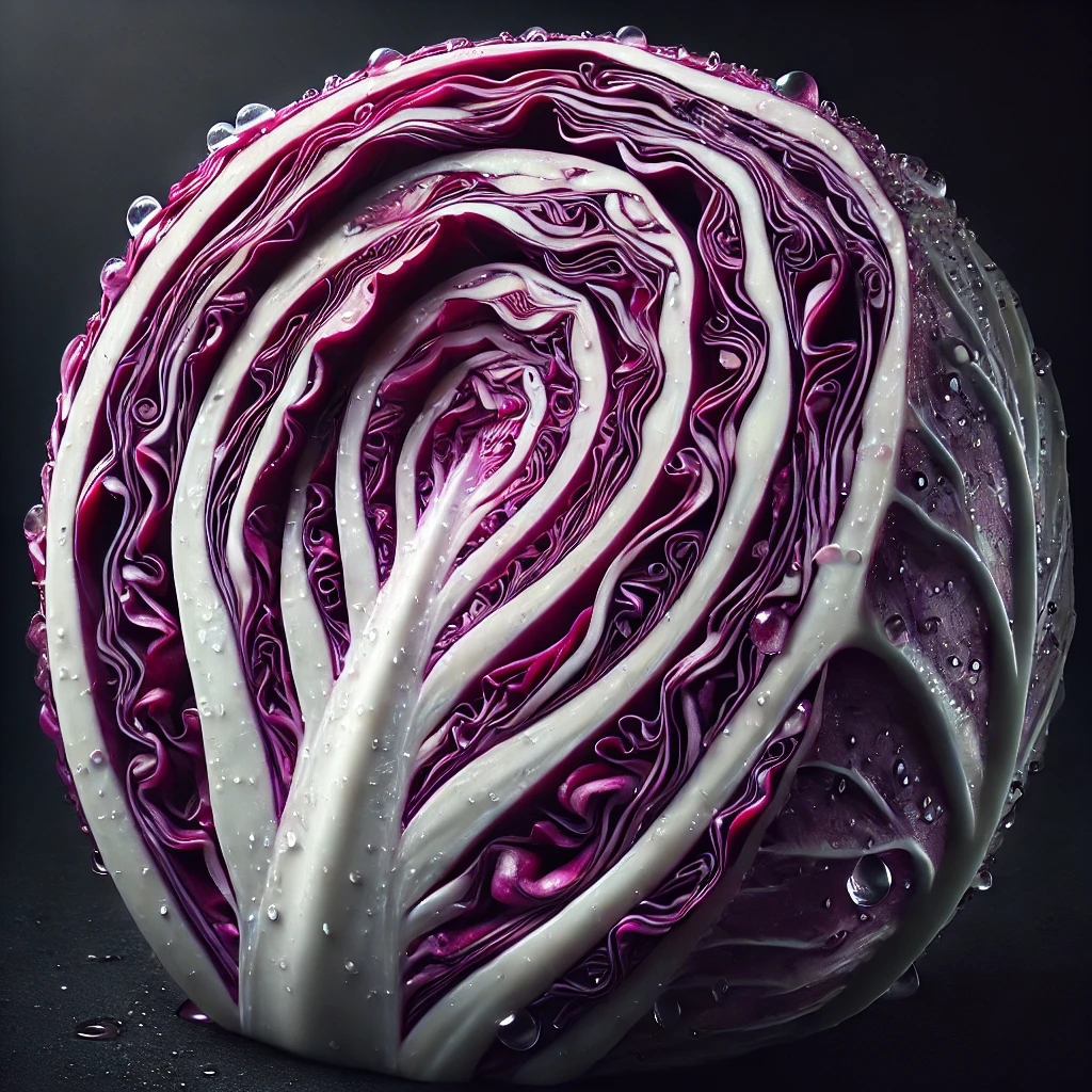 적양배추가 반으로 잘려진 모습으로, 깊은 자주색과 흰색이 겹쳐진 레이어가 뚜렷하게 보이며, 물방울이 표면에 맺혀 신선함을 강조한 이미지.
