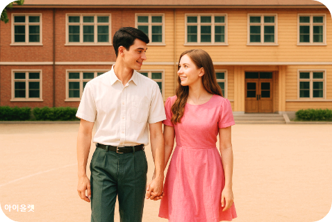 군산상고 운동장에서 손을 잡고 즐겁게 대화하는 모습