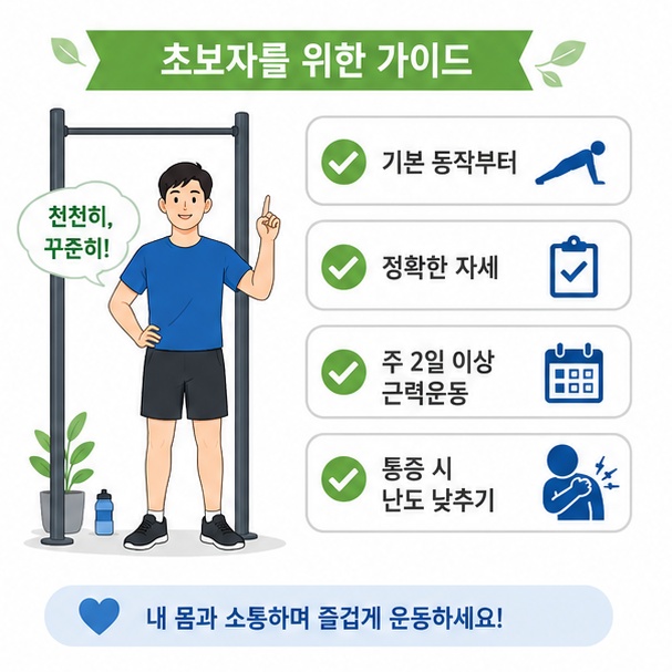 칼리스데닉스 초보자는 기본 동작과 정확한 자세부터 익히고 점차 난도를 높여야 함을 안내한 이미지
