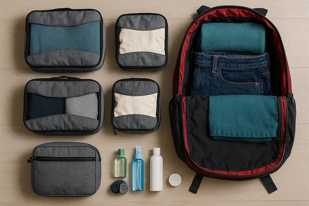 여행용 파우치와 백팩 내부에 깔끔하게 정리된 짐의 모습. 파우치에는 옷과 세면도구가 구분되어 있으며, 백팩 안에도 청바지와 상의가 가지런히 들어 있다.
