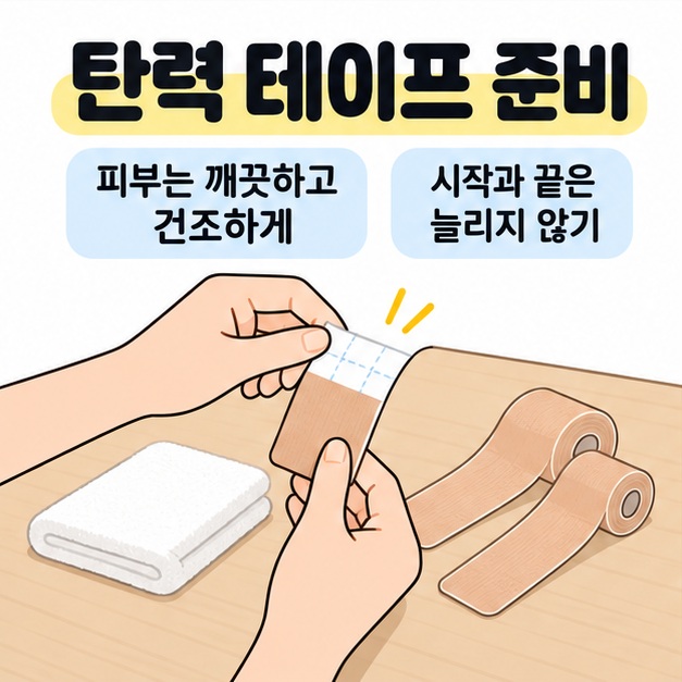 수건과 탄력 테이프가 놓인 탁자에서 뒷종이를 벗기는 손, 피부 준비와 양 끝을 늘리지 않는다는 안내
