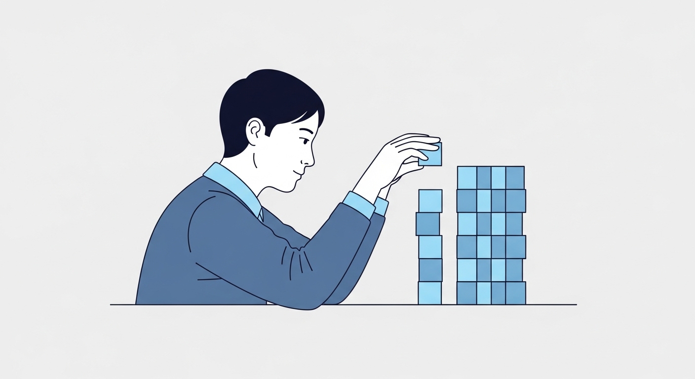 작은 습관들이 모여 큰 변화를 만드는 과정을 시각화한 미니멀한 일러스트.