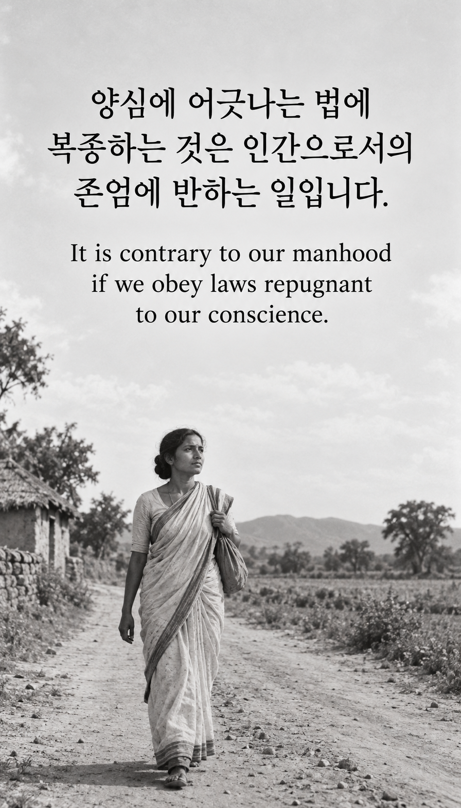 양심에 어긋나는 법에 복종하는 것은 인간으로서의 존엄에 반하는 일입니다. &mdash; 시대 복식의 여성이 홀로 걷는 시골길, 간디 시대의 흑백 기록 사진풍