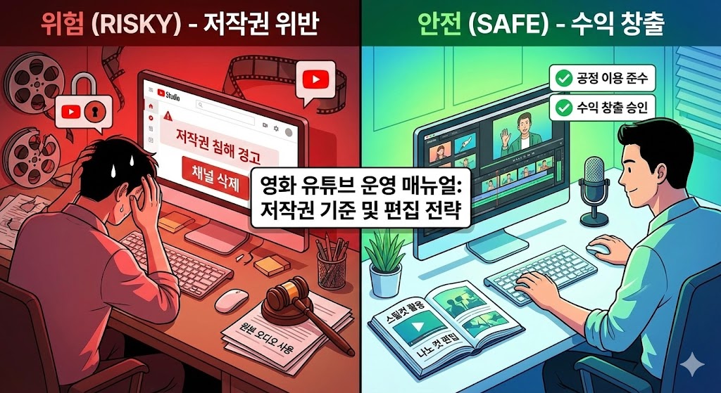 "영화 유튜브 운영 매뉴얼 인포그래픽: 저작권 경고와 '가치 낮은 콘텐츠'로 실패하는 위험한 편집(왼쪽)과 공정이용 준수 및 독창적 편집으로 수익 창출에 성공하는 안전한 전략(오른쪽)을 비교 분석한 이미지."