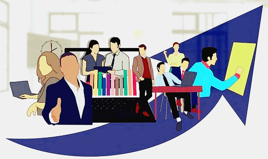 사무실 안에서 9명의 직장인들이 근무하는 모습이다. 노트북으로 업무보는 여자와 남자 직원, 악수를 내미는 남자, 업무 서류를 보는 여자와 남자 직원들이 있다.