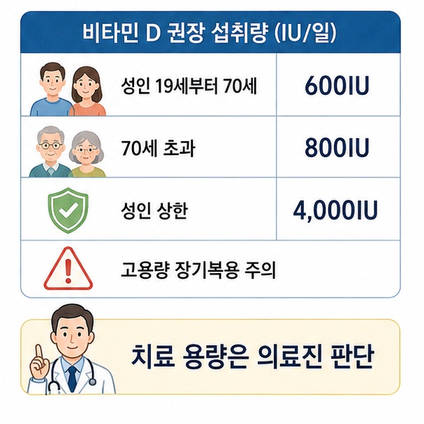 성인의 비타민 D 권장섭취량과 상한섭취량을 비교해 일반적인 고용량 장기복용을 피하고 결핍 치료는 의료진 판단에 따라야 함을 보여 주는 그림