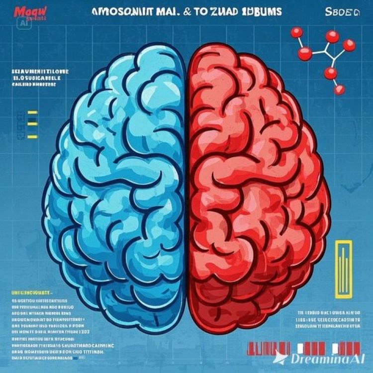 뇌 모양과 혈당 그래프가 결합된 인포그래픽으로, 한쪽은 정상 뇌(푸른색), 다른 쪽은 손상된 뇌(붉은색)를 보여주고, 가운데에는 혈당 수치 그래프와 인슐린 분자 구조가 표시된 의학적이고 과학적인 이미지