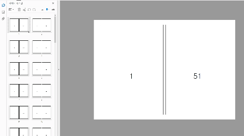 1페이지와 51페이지가 한 지면에 나란히 병합된 최종 인쇄용 파일. 재단 후 오른쪽 뭉치를 왼쪽 아래로 포개면 순서가 완성되는 레이아웃.