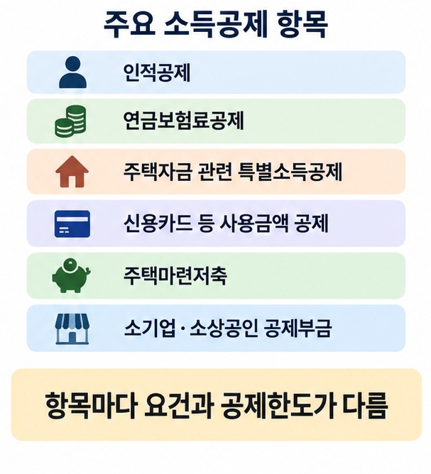 인적공제 연금보험료공제 주택자금공제 신용카드 사용금액공제 등 대표적인 소득공제 항목을 정리한 이미지