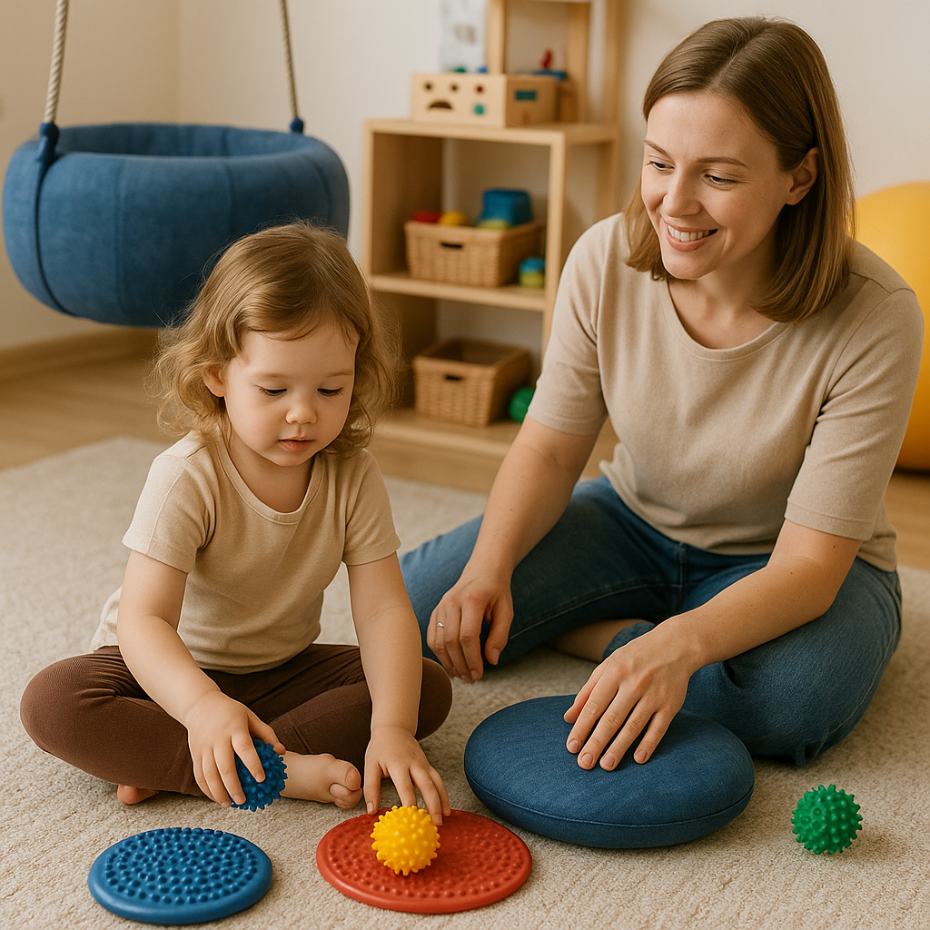 아이와 엄마가 촉각놀이 교구로 함께 놀이하고 있는 모습 사진