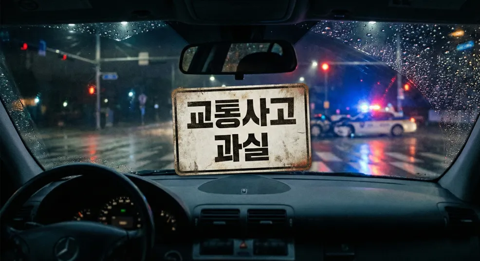 비 오는 날의 교통사고 현장 혹은 운전자의 시점, 경각심을 주는 분위기.