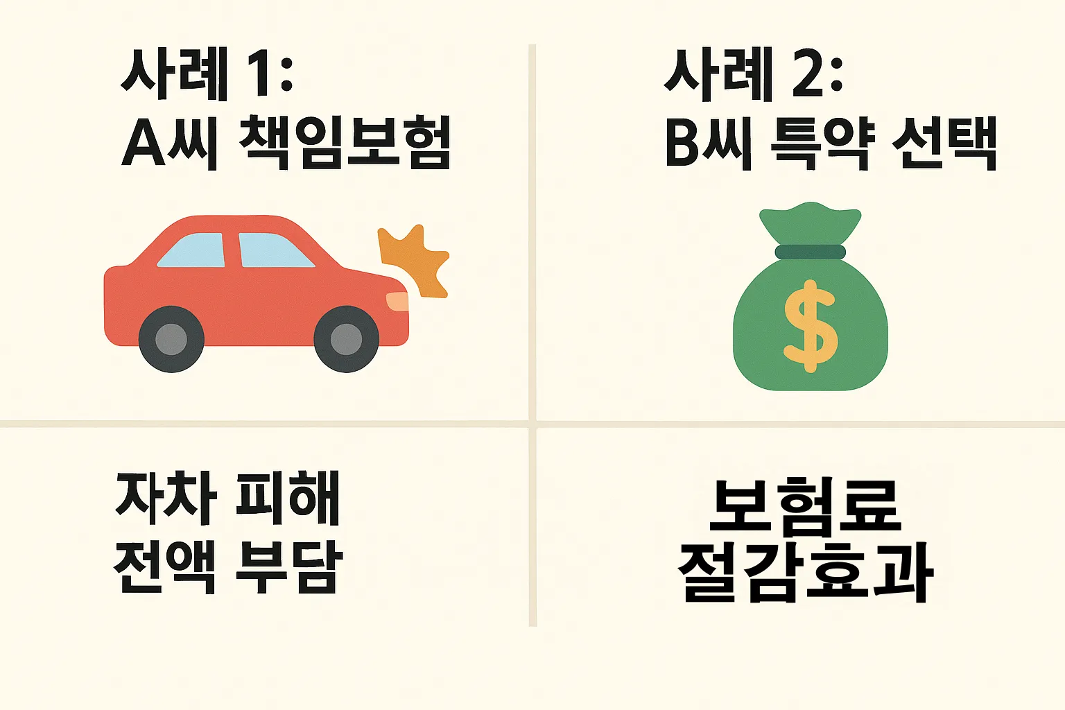 A씨 책임보험 선택 시 자차 피해 전액 부담, B씨 종합보험 특약 선택 시 보험료 절감 효과를 사례로 보여주는 비교 인포그래픽