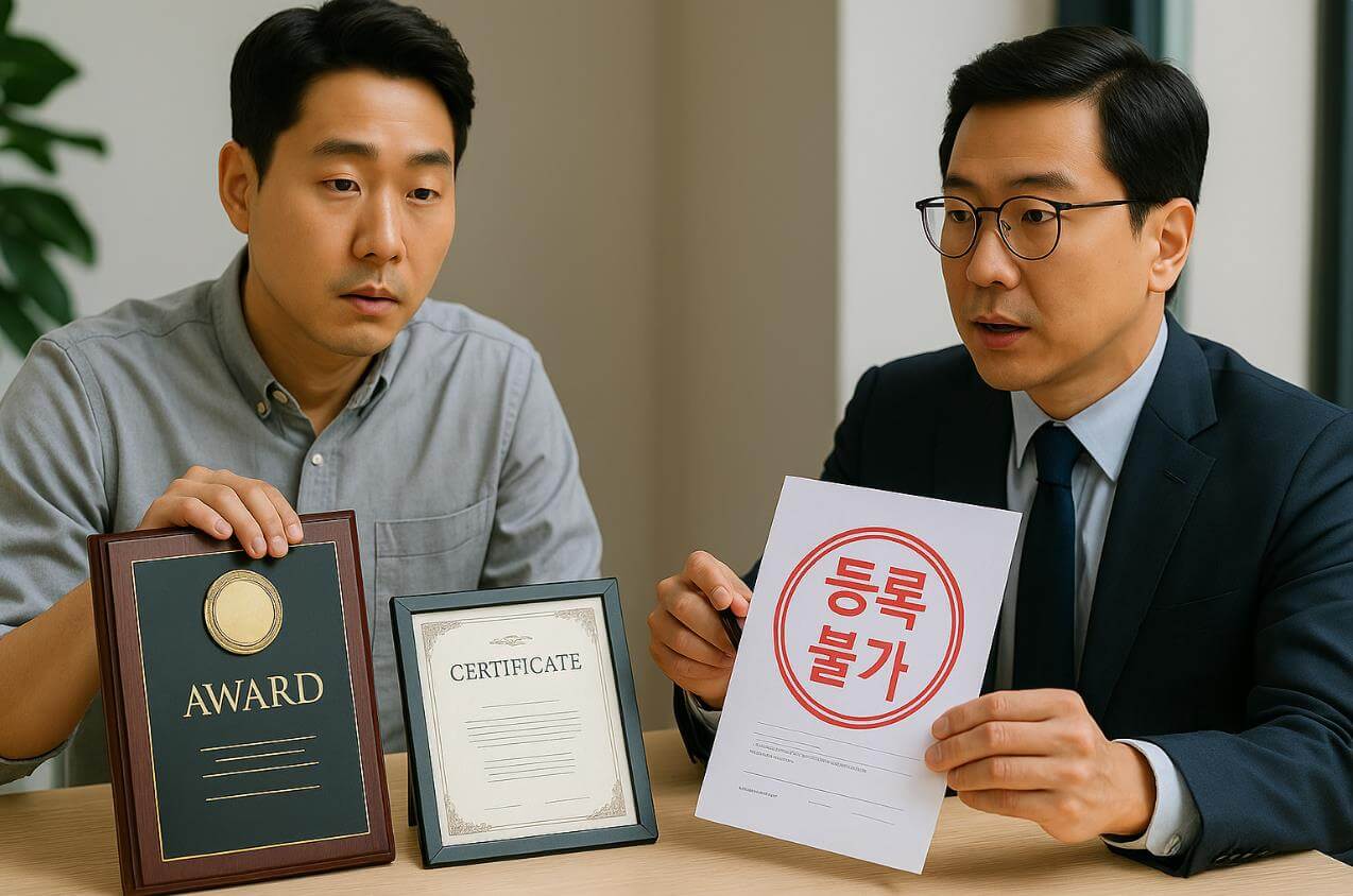 박람회 상패와 상장을 상표 등록 불가 사례로 검토하는 장면