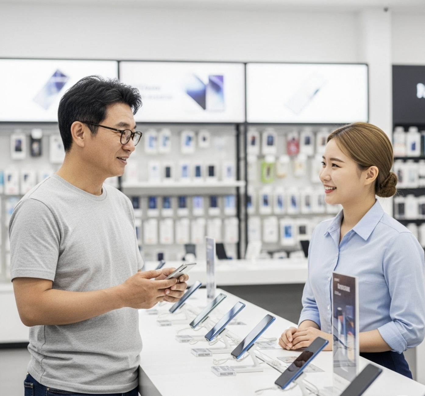 중년 남성이 폰 구매를 상담하는 모습