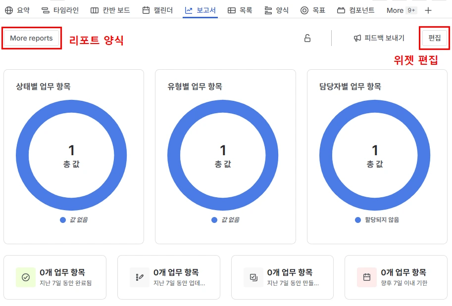 스페이스 사이드바에서 보고서 탭 내의 UI 버튼 설명