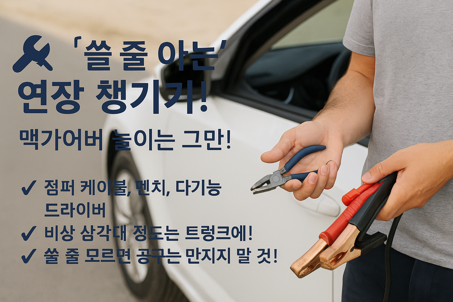 점퍼 케이블과 펜치를 들고 있는 남성의 손을 클로즈업한 이미지로, 공구 사용 팁이 포함된 이미지