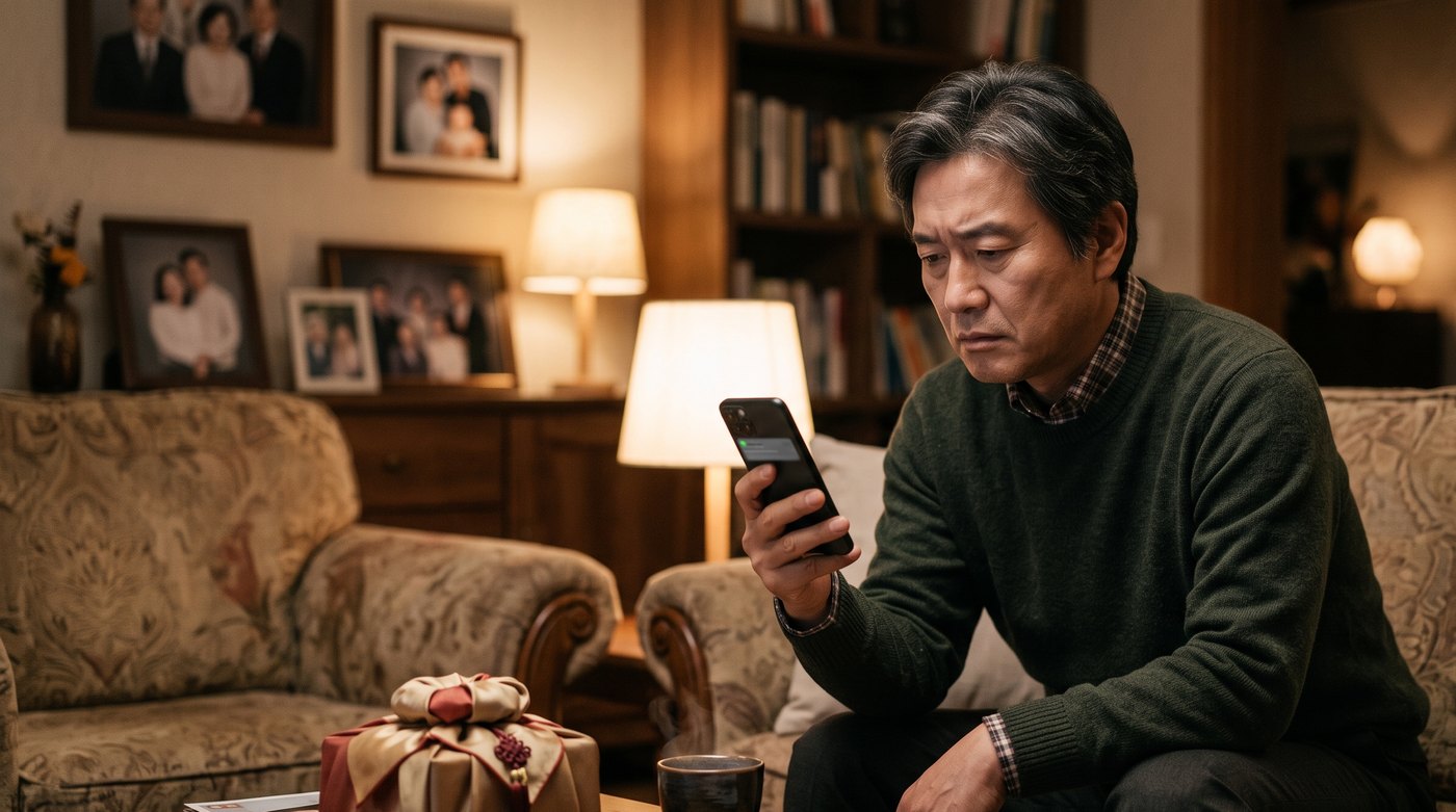 명절 저녁 거실에서 휴대폰 문자를 확인하는 사람