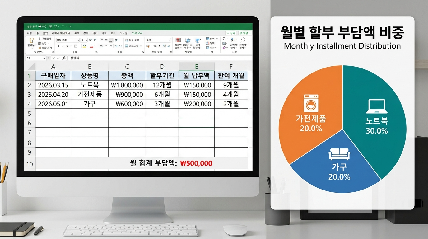 할부 결제 현황 스프레드시트 &amp; 파이 차트 분석