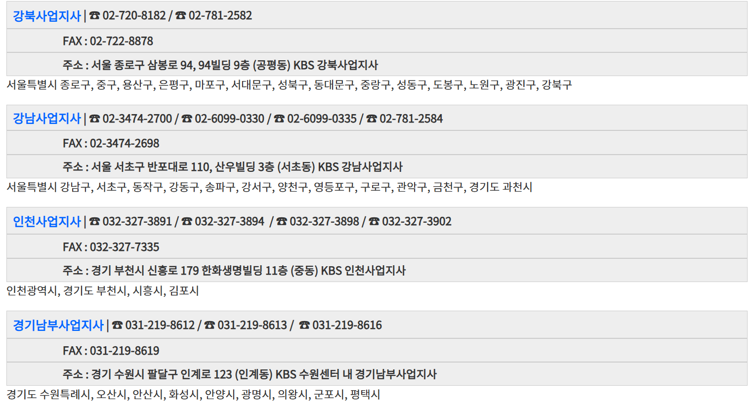 전국 KBS 사업지사 연락처