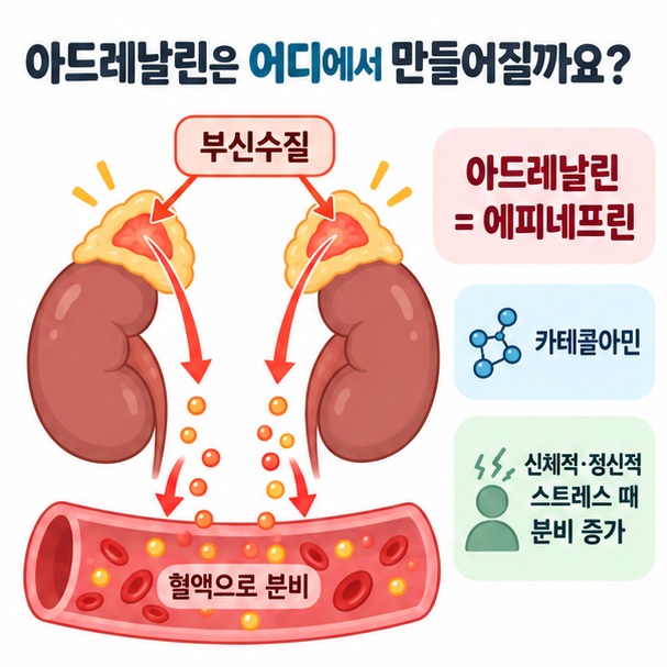 부신수질에서 아드레날린이 만들어지고 스트레스 상황에서 분비되는 과정을 보여주는 이미지