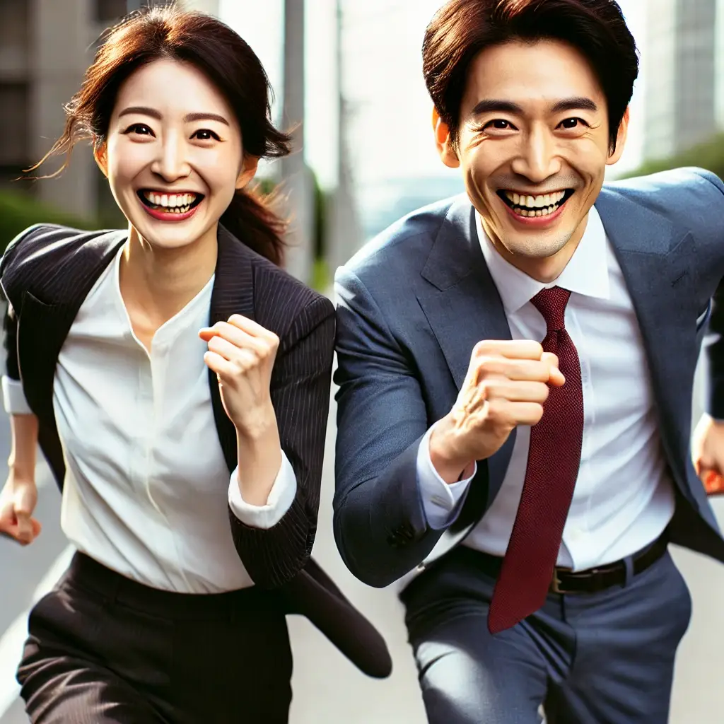 남자, 여자 사장님이 행복한 모습으로 힘차게 달려가는 모습