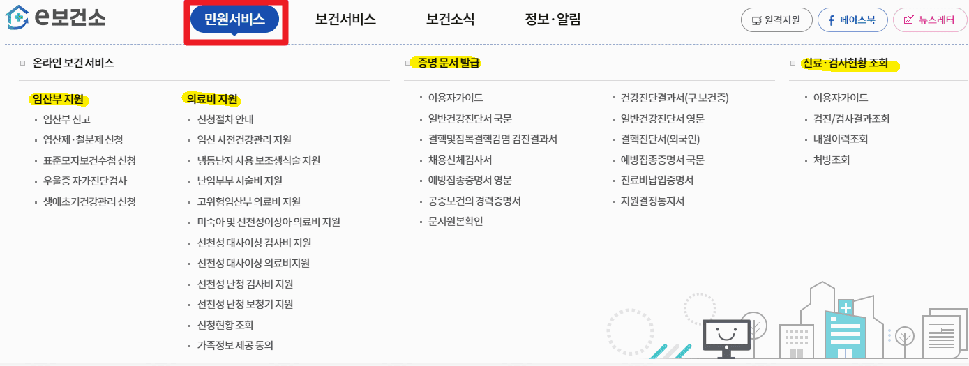 공공보건포털 e보건소 홈페이지