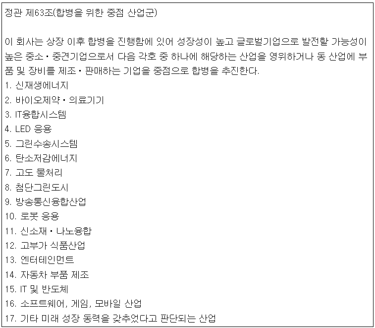 합병을 위한 중점 산업군