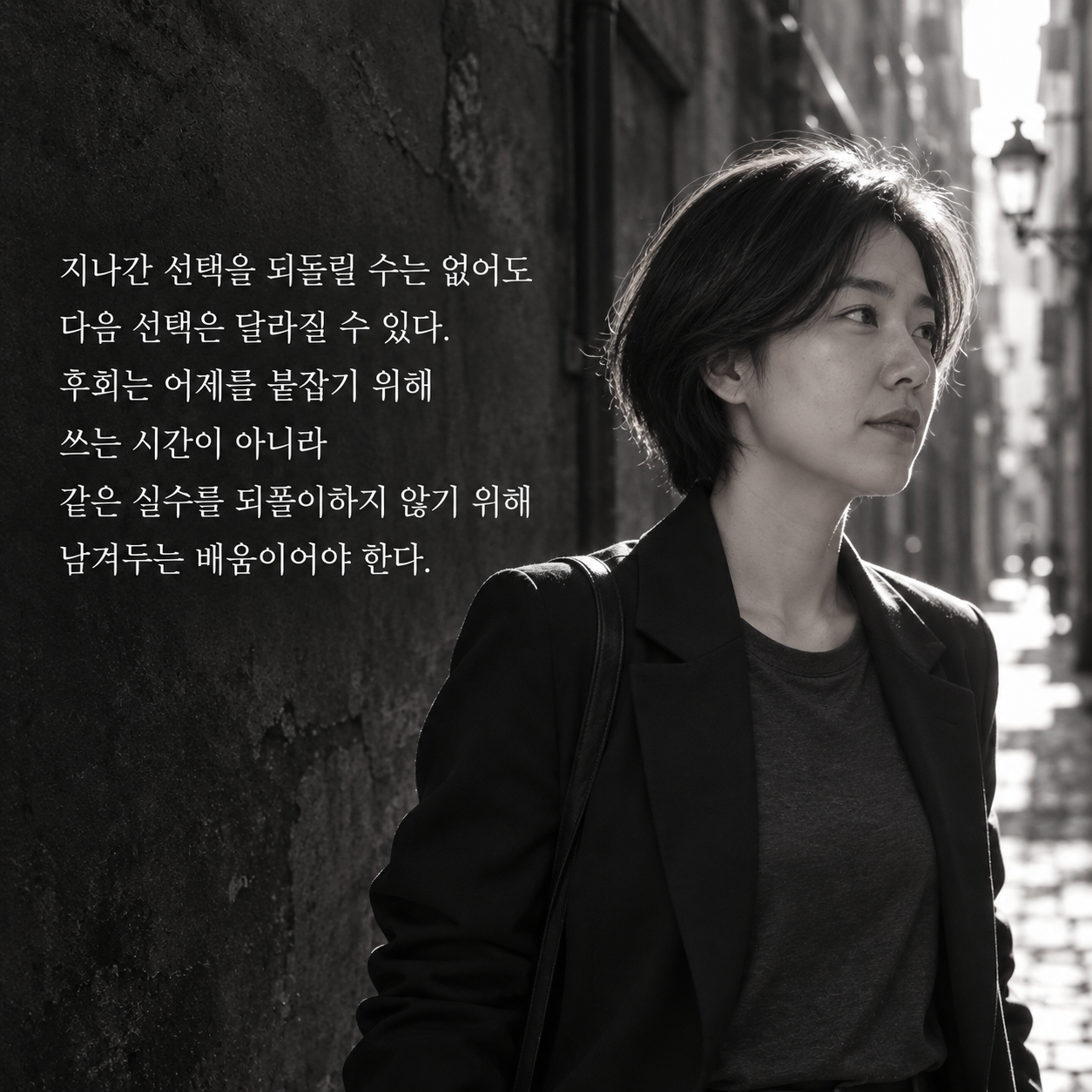 지나간 선택을 되돌릴 수는 없어도 다음 선택은 달라질 수 있다. 후회는 어제를 붙잡기 위해 쓰는 시간이 아니라 같은 실수를 되풀이하지 않기 위해 남겨두는 배움이어야 한다.