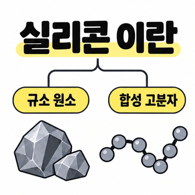 실리콘 이란이라는 제목 아래 규소 원소와 합성 고분자로 의미를 나누어 보여주는 도식