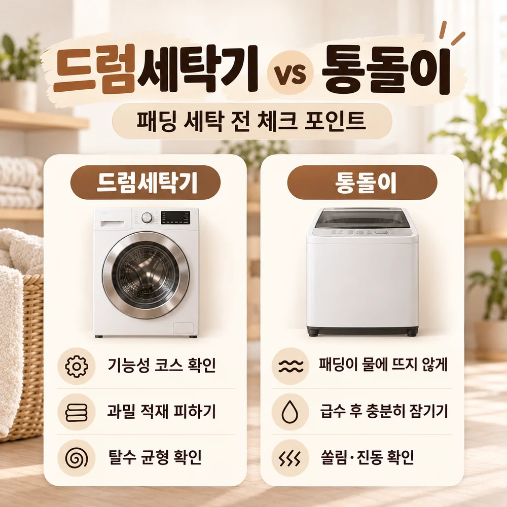 드럼세탁기와 통돌이 세탁기의 패딩 세탁 코스, 적재량, 탈수 균형과 물 잠김 주의사항 비교