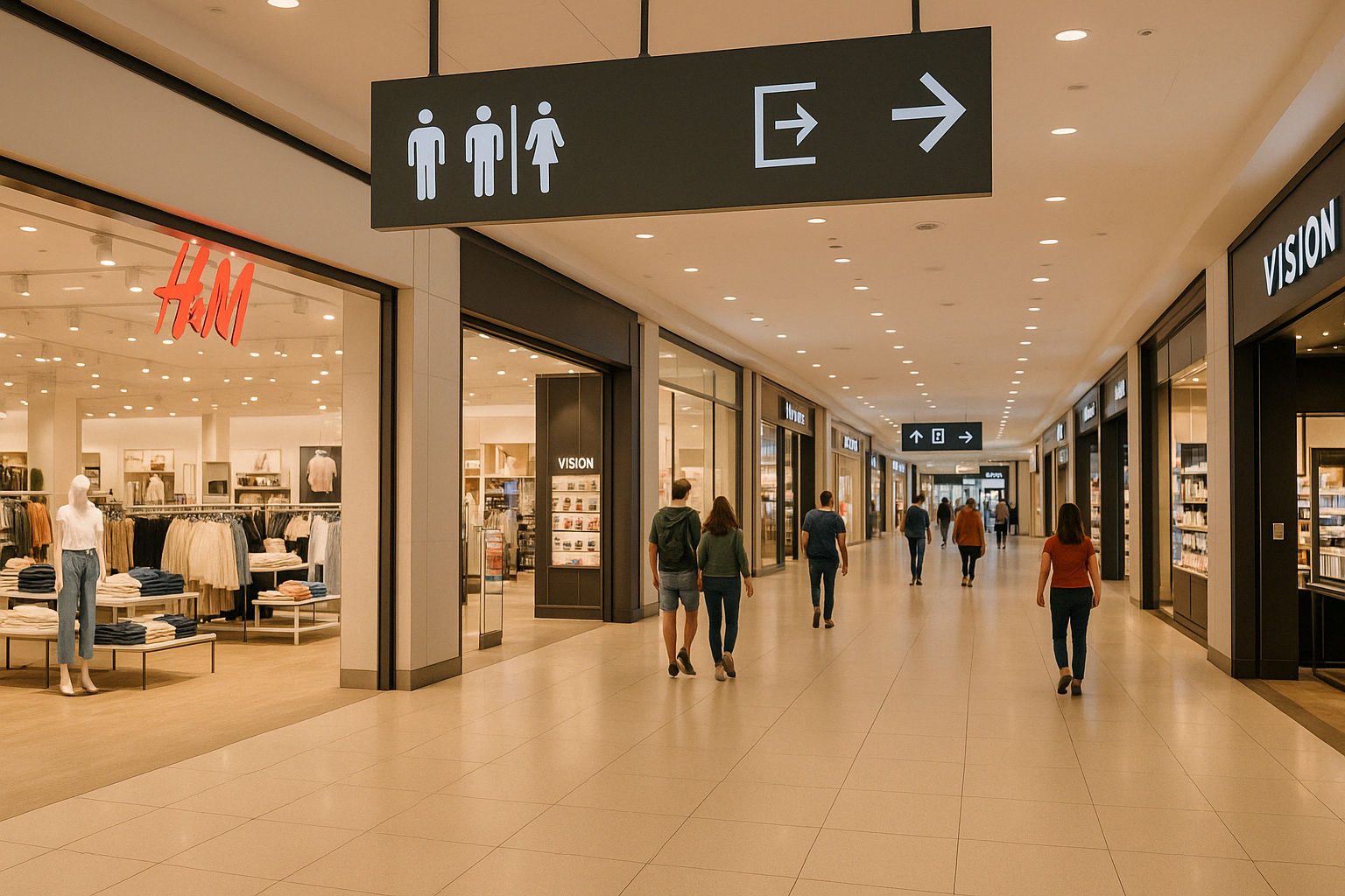 여러 매장이 펼쳐진 쇼핑몰의 전경으로&amp;#44; 매장 찾기나 화장실&amp;#44; 출구 위치를 물어볼 때의 상황에 잘 어울립니다.