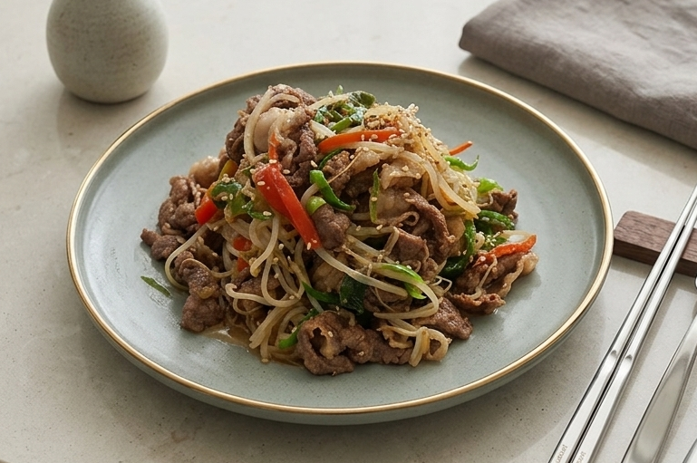 고급스러운 테이블 위에 놓인 차돌박이 숙주 볶음 요리.