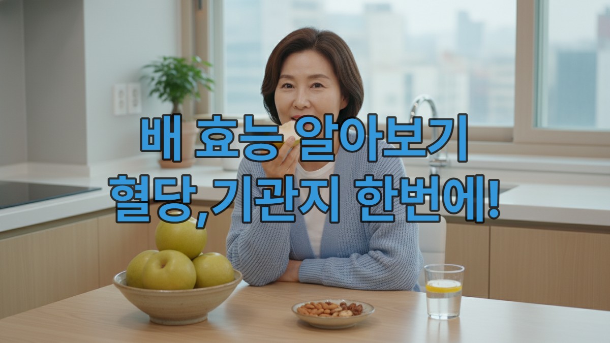 미소 짓는 중년 한국 여성이 주방에서 신선한 국내산 배 조각과 견과류를 함께 먹으며 혈당 관리를 하는 모습. 건강하고 안심되는 식사.