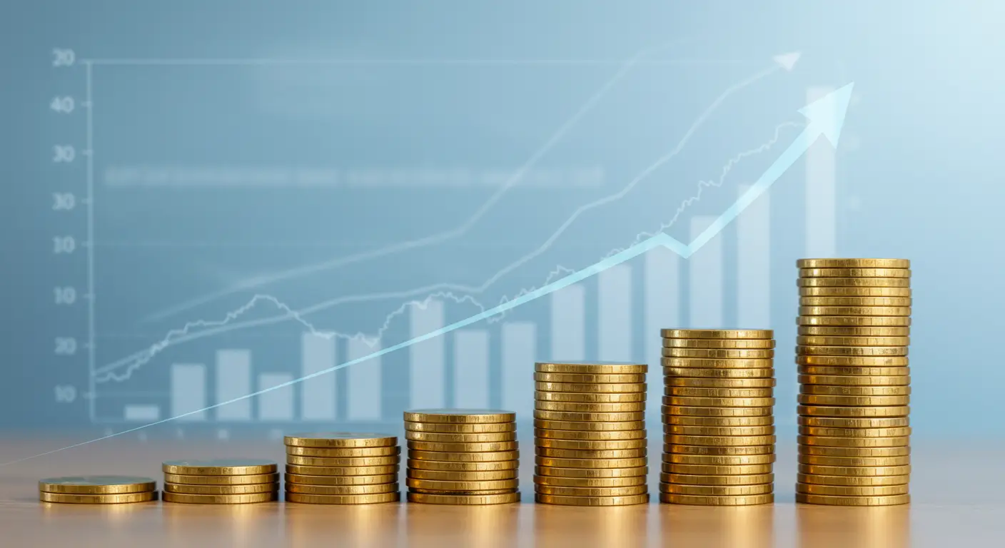 꾸준한 수익 성장을 나타내는 금화 더미와 안정적인 상승 곡선 배경의 채권 투자 이미지