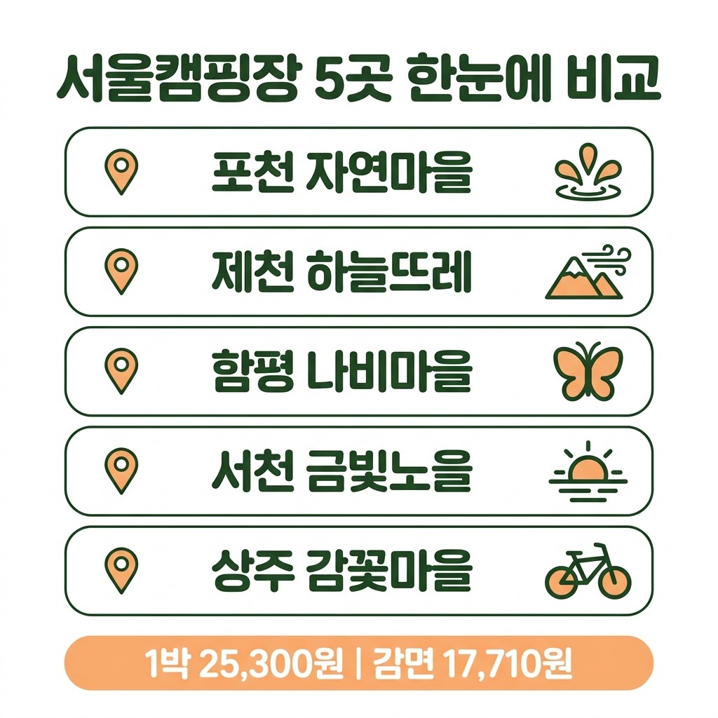 서울캠핑장 5곳 비교 인포그래픽 – 포천 자연마을 제천 하늘뜨레 함평 나비마을 서천 금빛노을 상주 감꽃마을 특징 요금 비교
