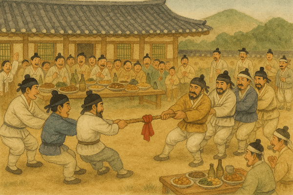 백중, 머슴과 일꾼들이 잔치음식을 먹으며 하루를 마음껏 즐기는 모습, 전통놀이인 줄다리기를 하는 모습