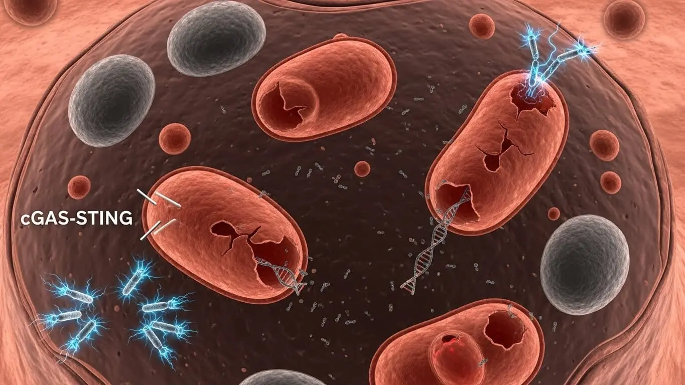 스트레스 상태에서 미토콘드리아 DNA가 세포 밖으로 새어 나와 염증 반응을 유발하는 과정을 보여주는 세포 이미지