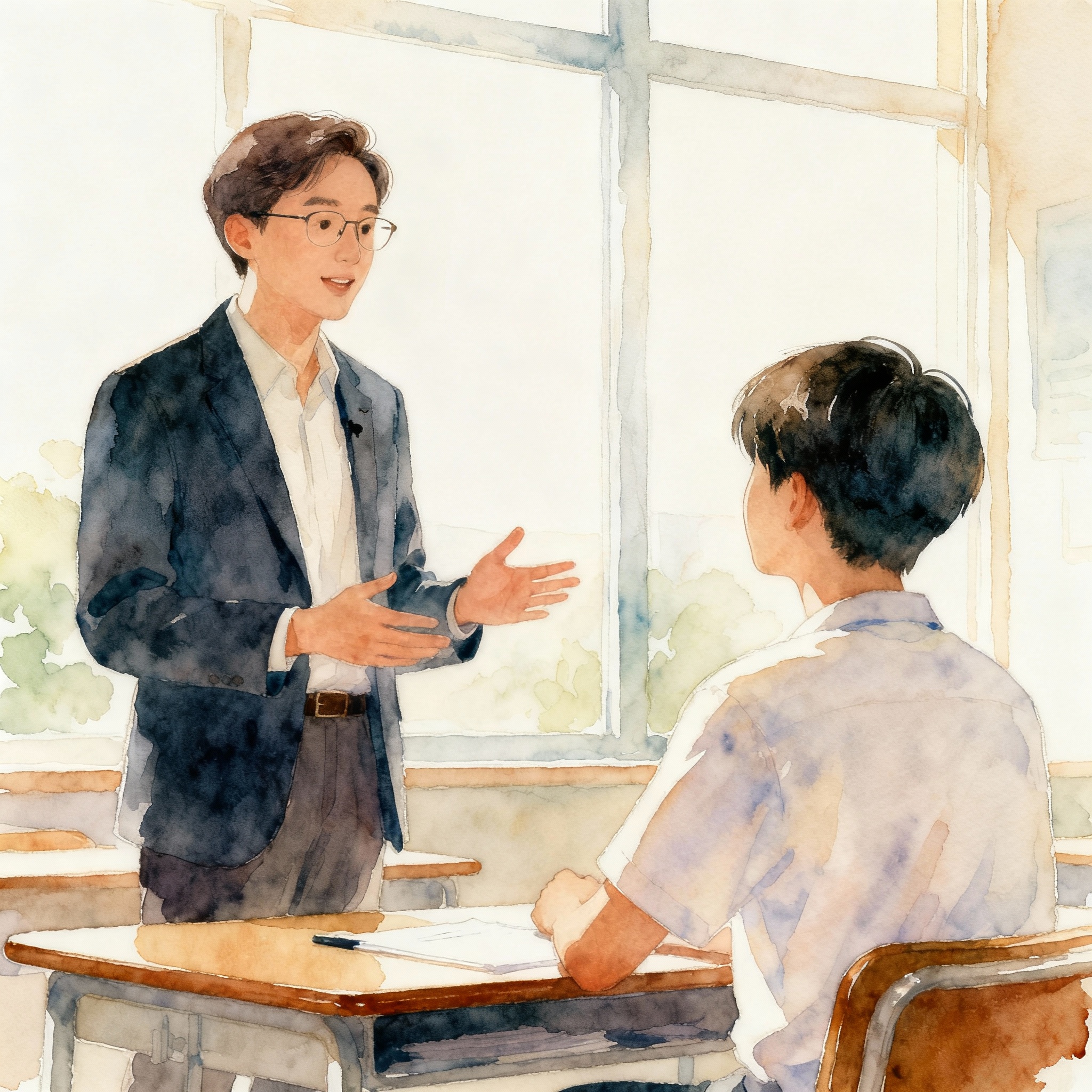 강사와 수강생이 긍정적으로 대화하는 수채화 일러스트