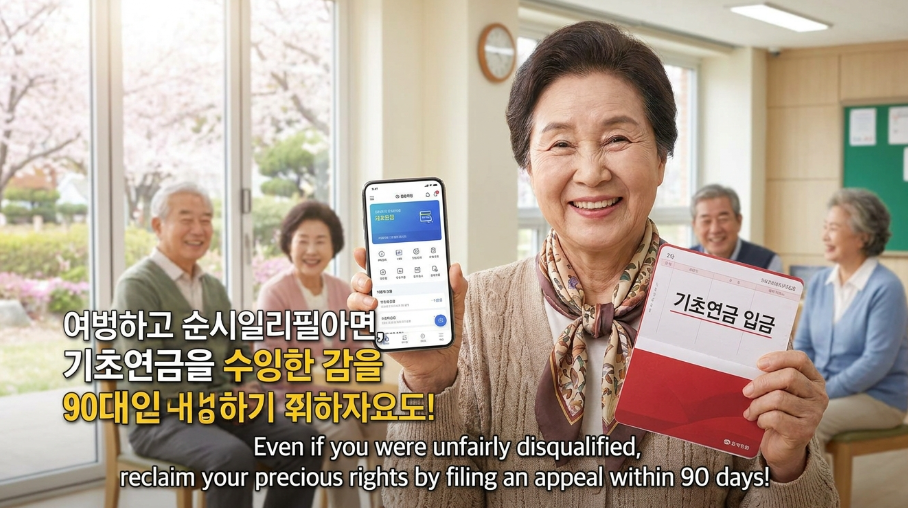 환하게 웃으며 기초연금 통장을 들고 있는 어르신